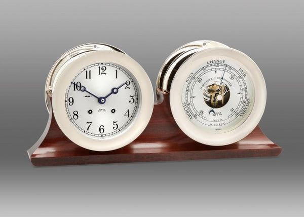 CHELSEA 4.5" Ship's Bell w-Hinge Bezel Nickel on Double Base w-Barometer - 1